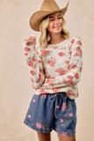 BiBi Floral Print Washed Waffle Thermal Top With Thumb - Trendsi - Flyclothing LLC
