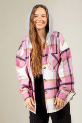 Drawstring Plaid Dropped Shoulder Hooded Shacket - Trendsi