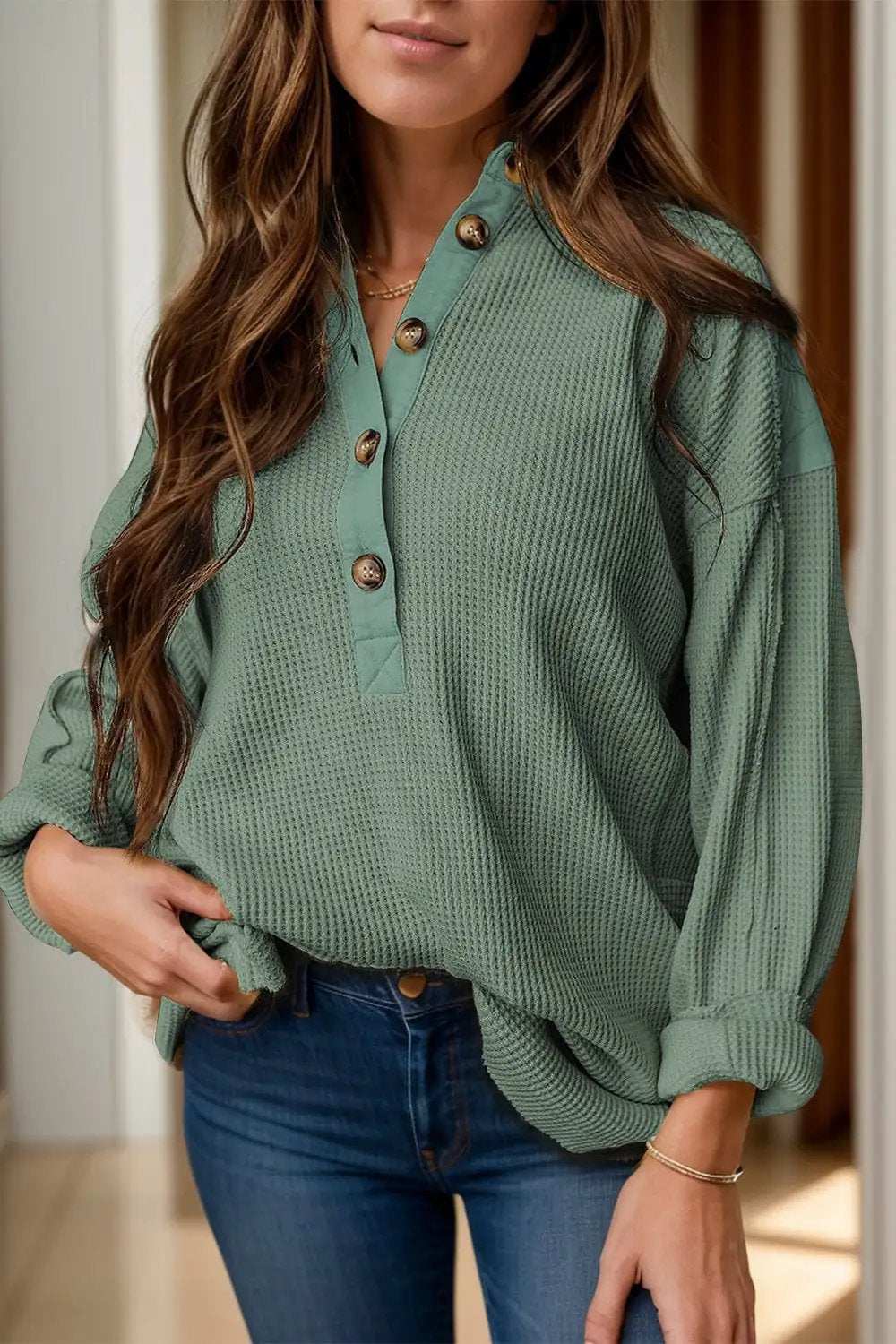 Half Button Long Sleeve Top - Trendsi - Flyclothing LLC