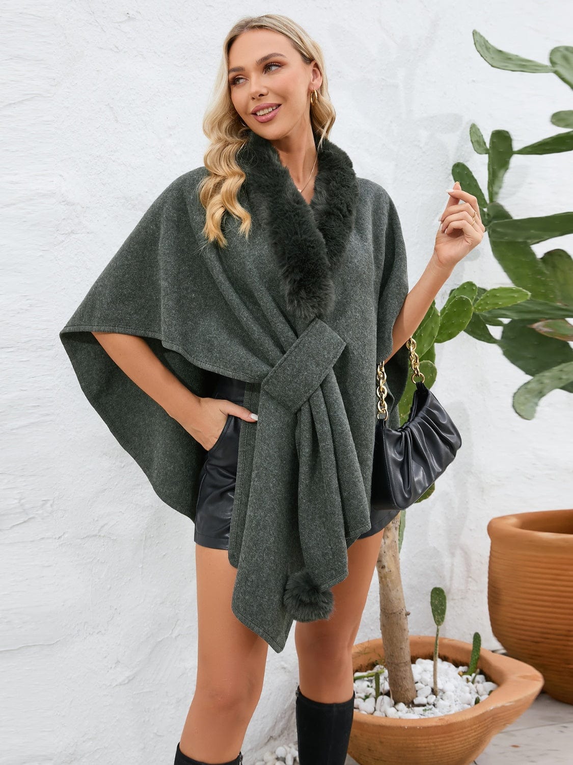 Fuzzy Trim Open Front Poncho - Trendsi