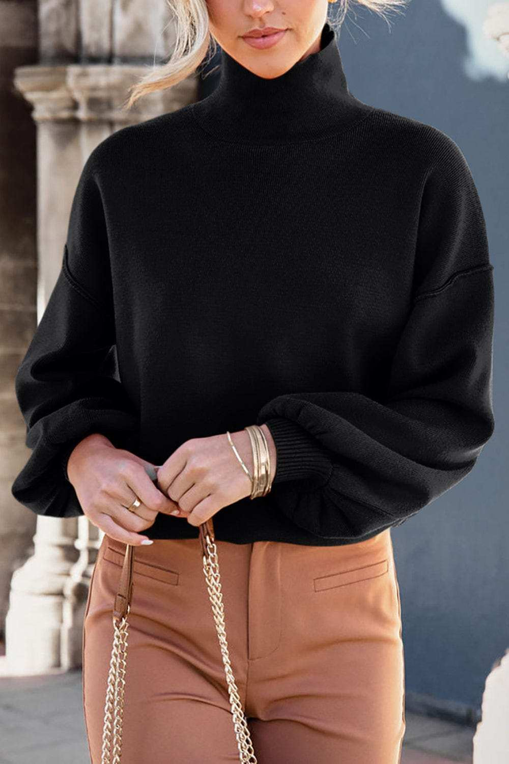 Mock Neck Dropped Shoulder Sweater - Trendsi - Flyclothing LLC