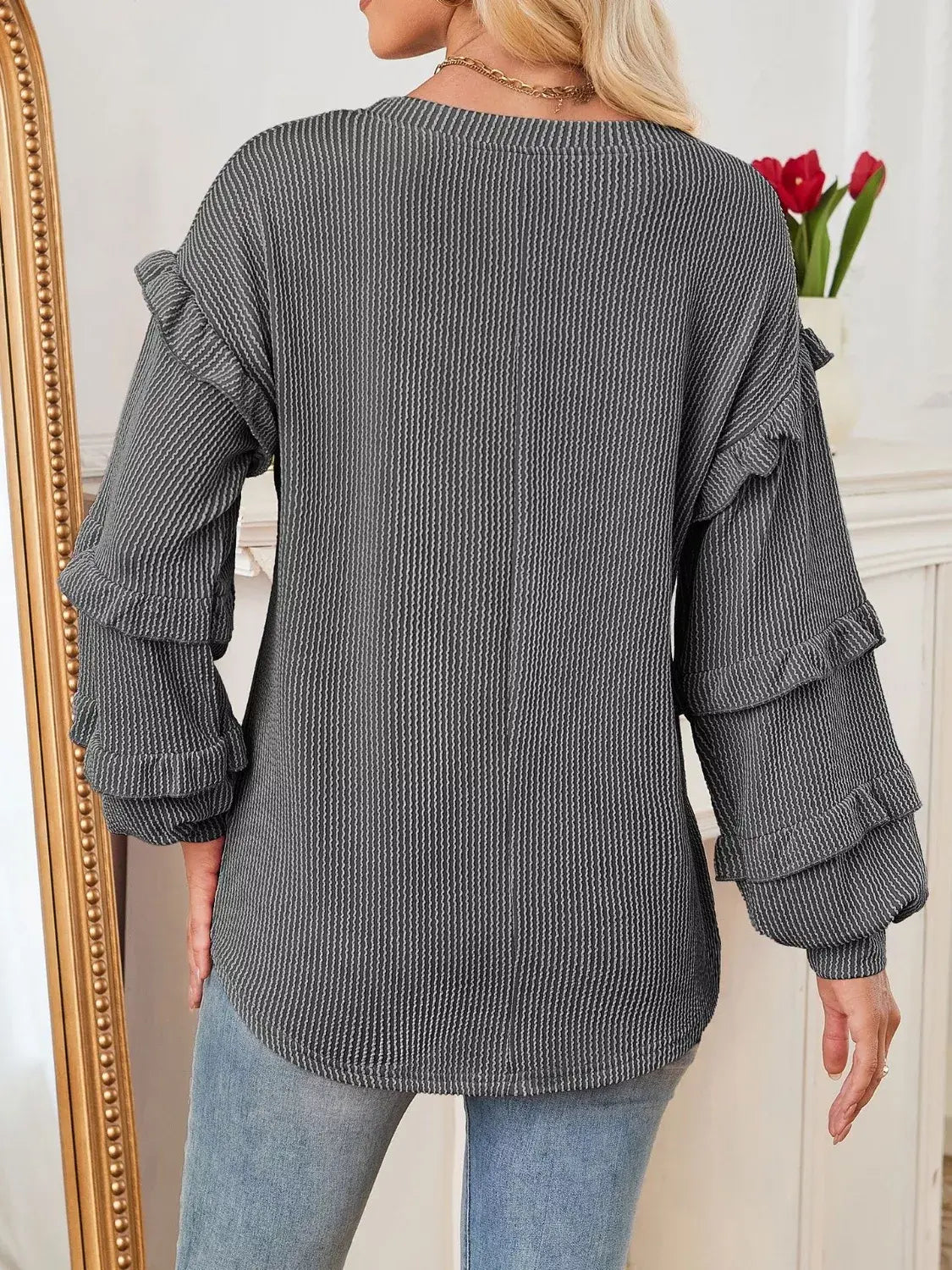 Ruffled Long Sleeve Knit T-Shirt - Trendsi - Flyclothing LLC