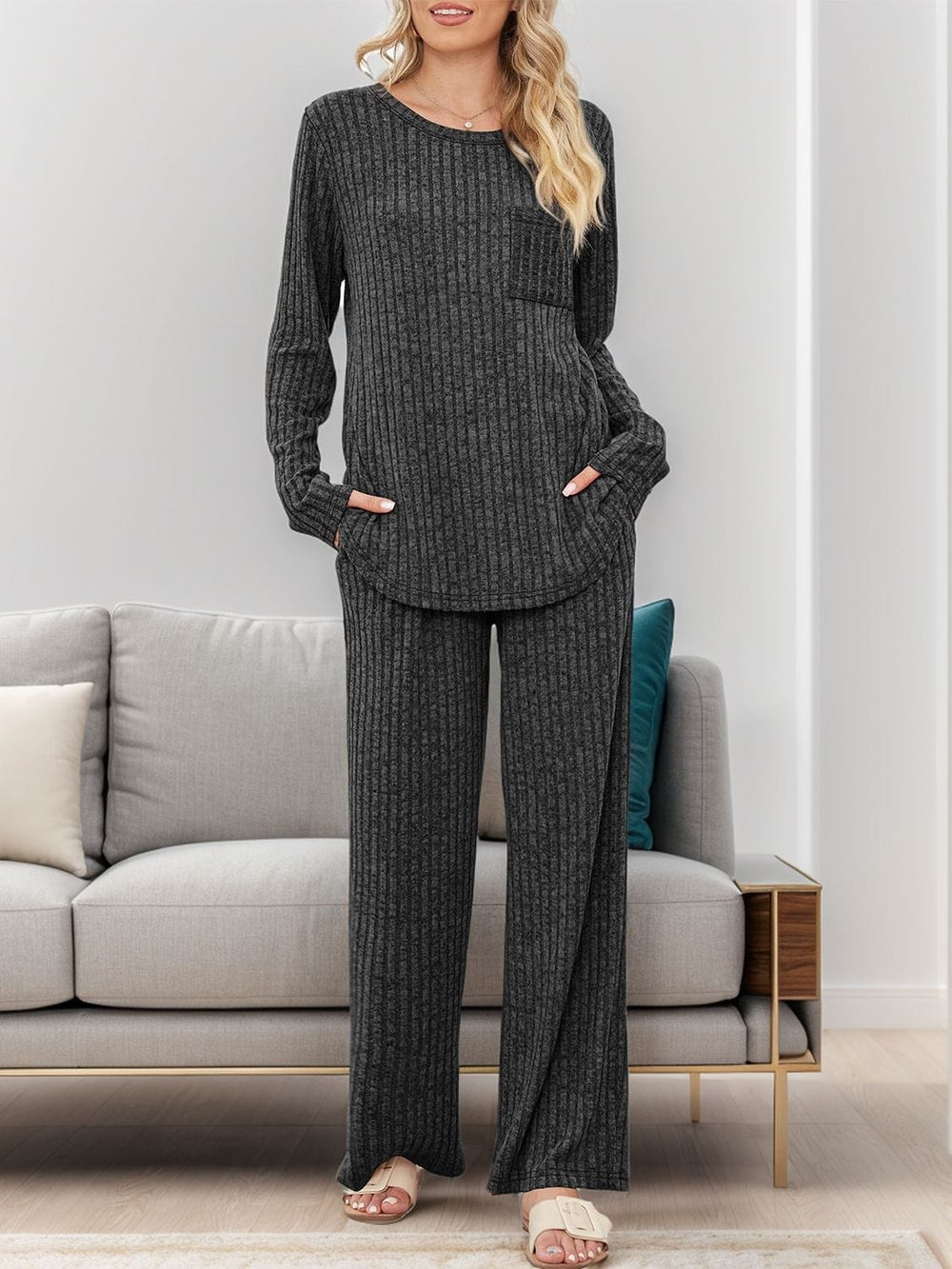 Round Neck Long Sleeve Top and Pants Set - Trendsi
