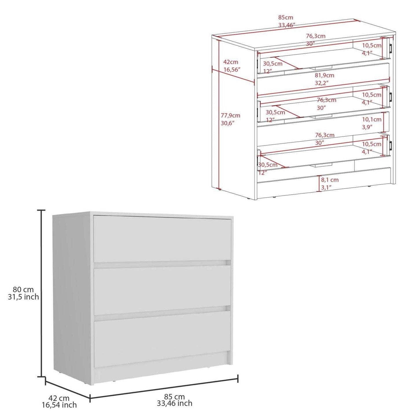 33" White Wood Three Drawer Dresser - HomeRoots - Flyclothing LLC