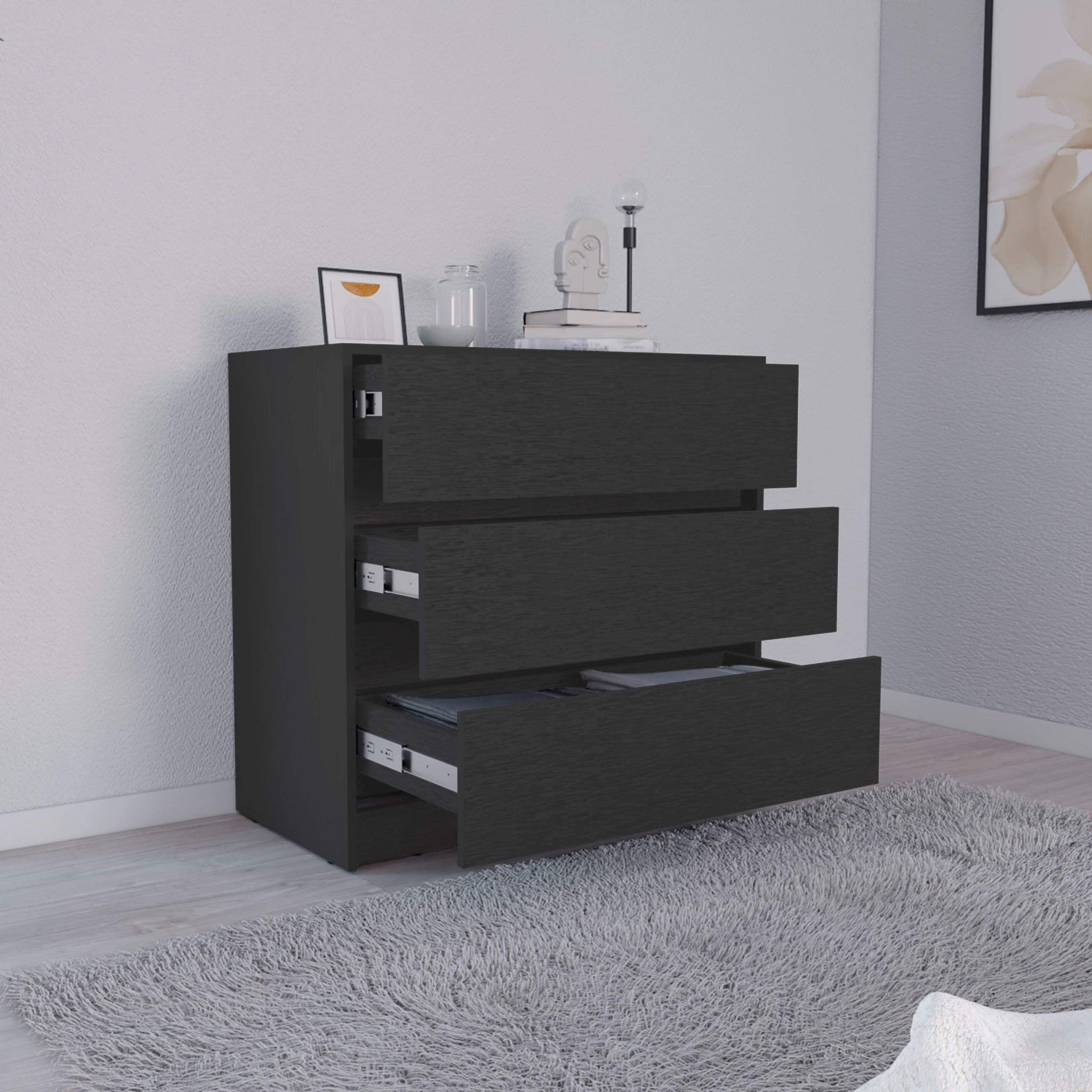 33" Black Wood Three Drawer Dresser - HomeRoots - Flyclothing LLC