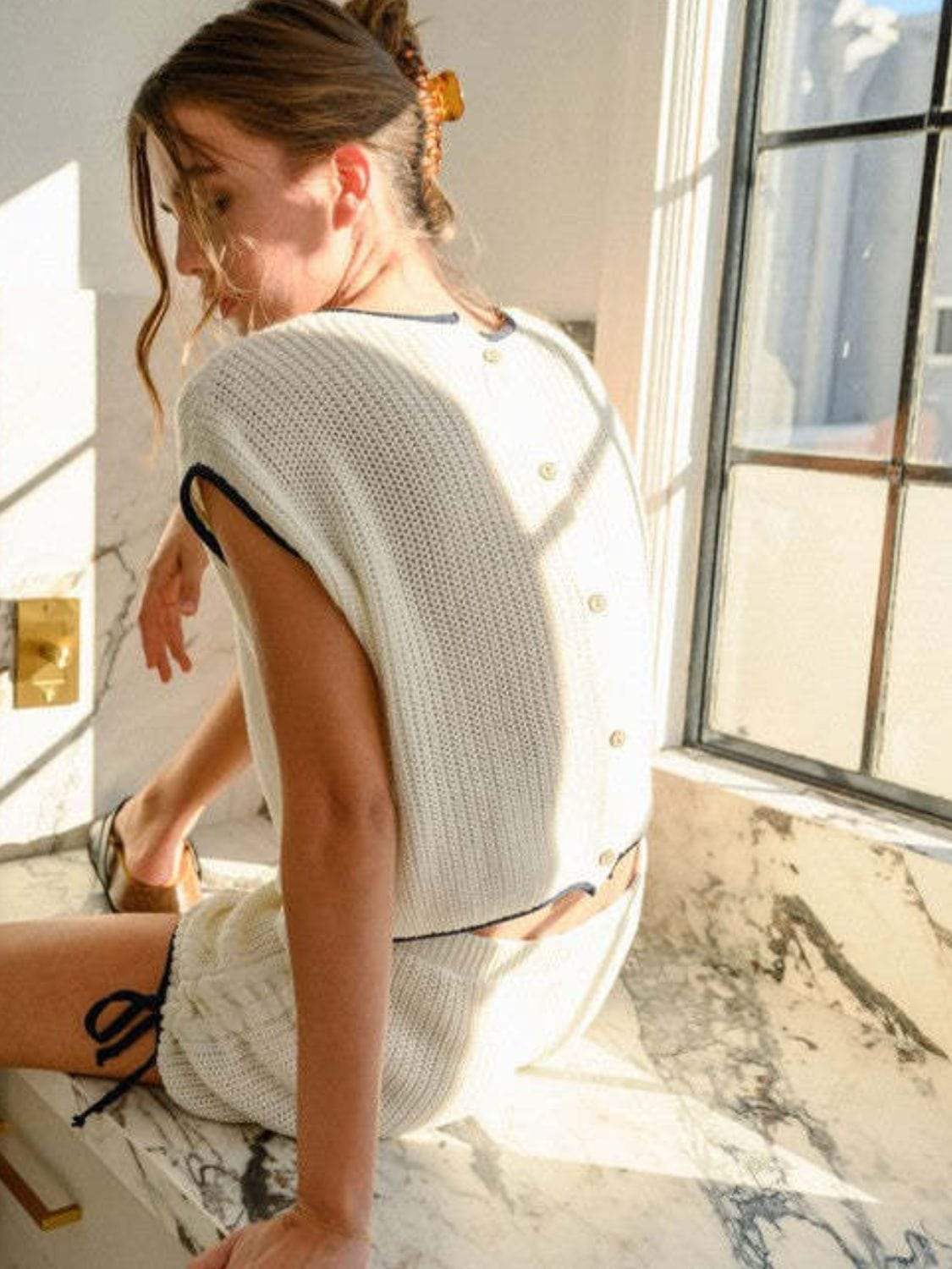 Contrast Trim Round Neck Top and Shorts Sweater Set - Trendsi - Flyclothing LLC