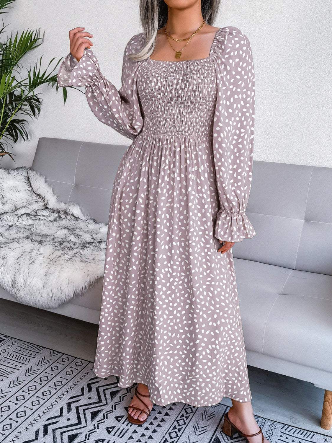 Smocked Square Neck Flounce Sleeve Dress - Trendsi - Flyclothing LLC
