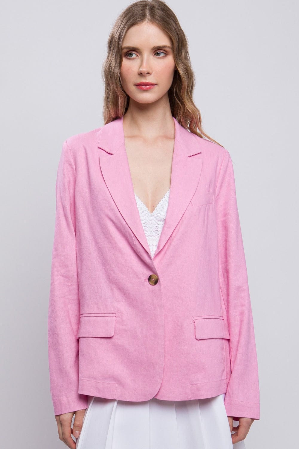 Love Tree One-Button Long Sleeve Linen Blazer - Trendsi