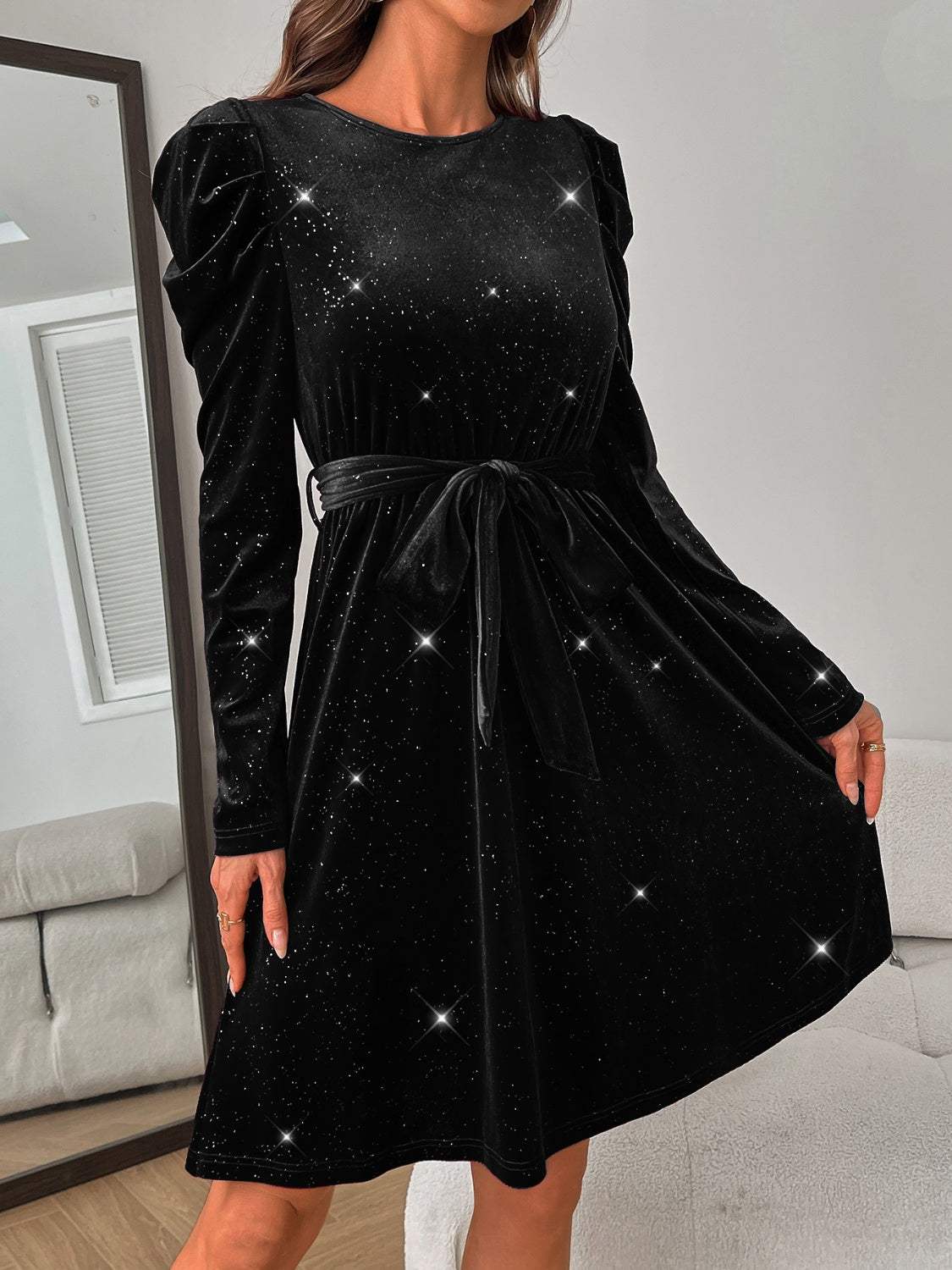 Glitter Round Neck Puff Sleeve Dress - Trendsi - Flyclothing LLC