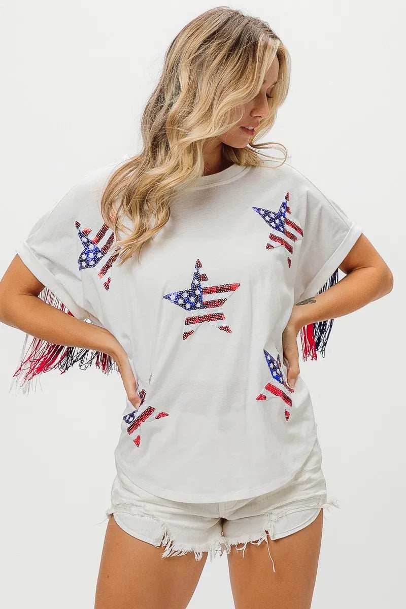 BiBi American Flag Sequin Star Fringe Top - Trendsi - Flyclothing LLC