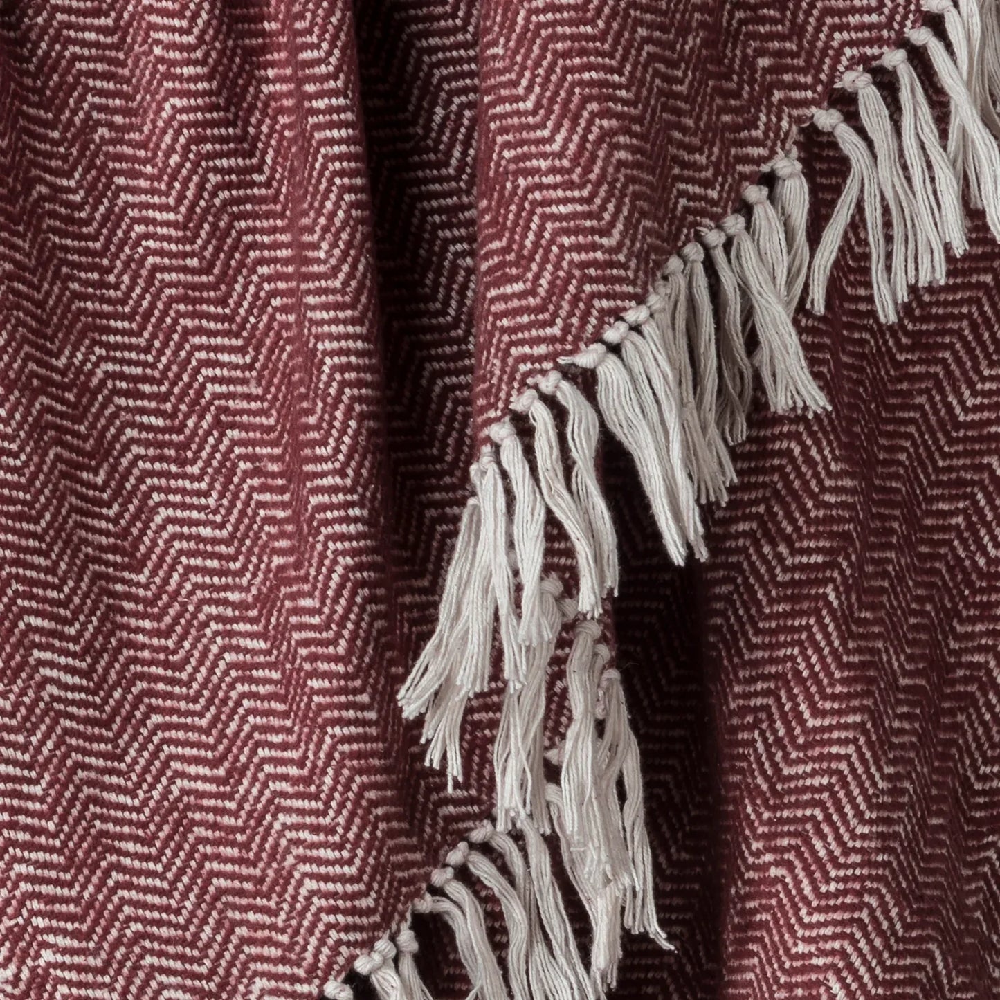50" X 60" Brick Red And White Chevron Cotton Throw Blanket with Fringe