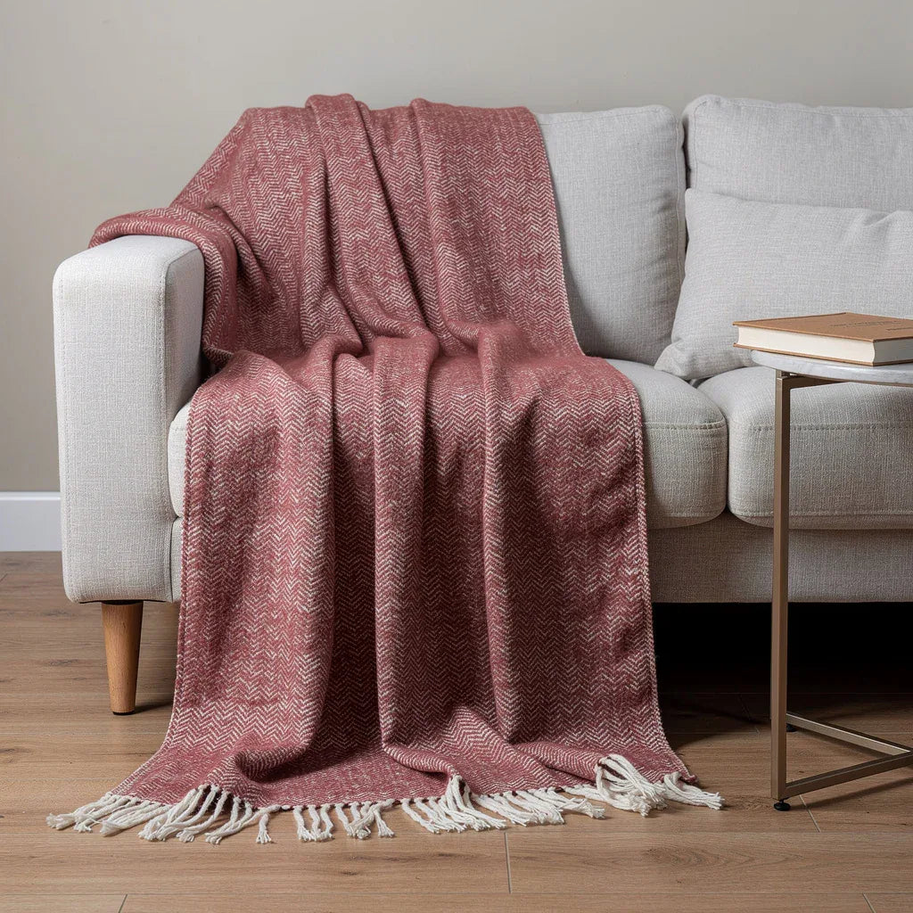 50" X 60" Brick Red And White Chevron Cotton Throw Blanket with Fringe