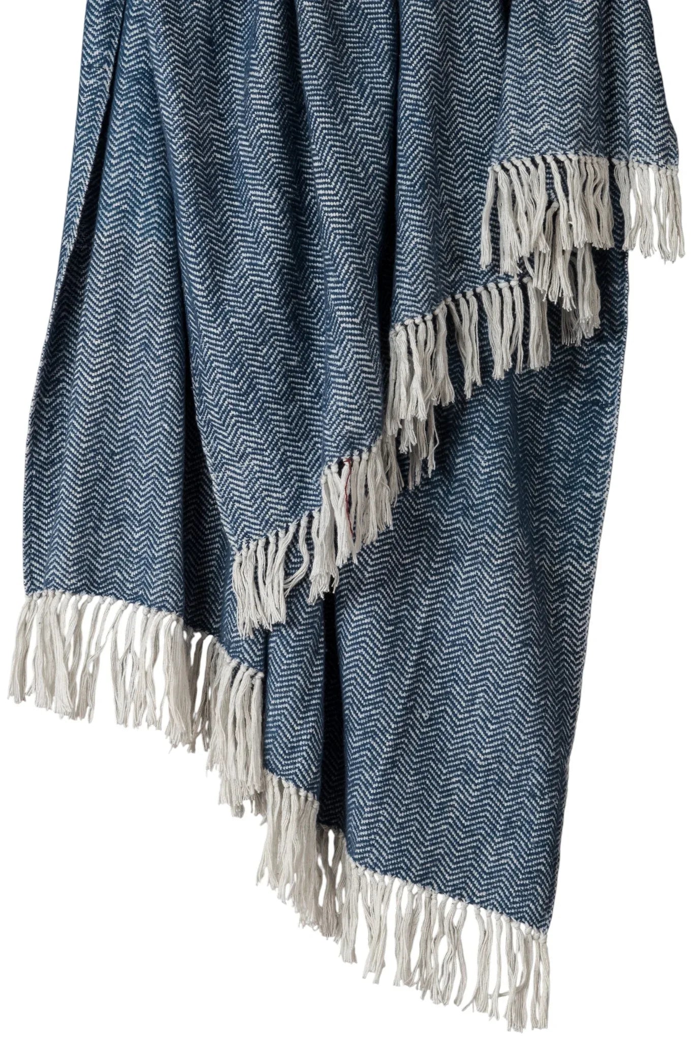 50" X 60" Navy Blue And White Chevron Cotton Throw Blanket with Fringe