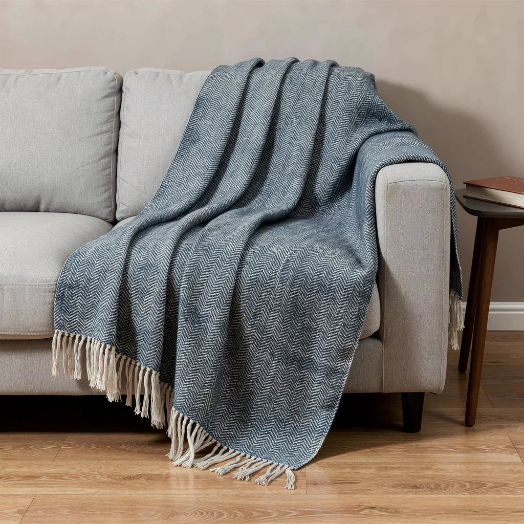 50" X 60" Navy Blue And White Chevron Cotton Throw Blanket with Fringe
