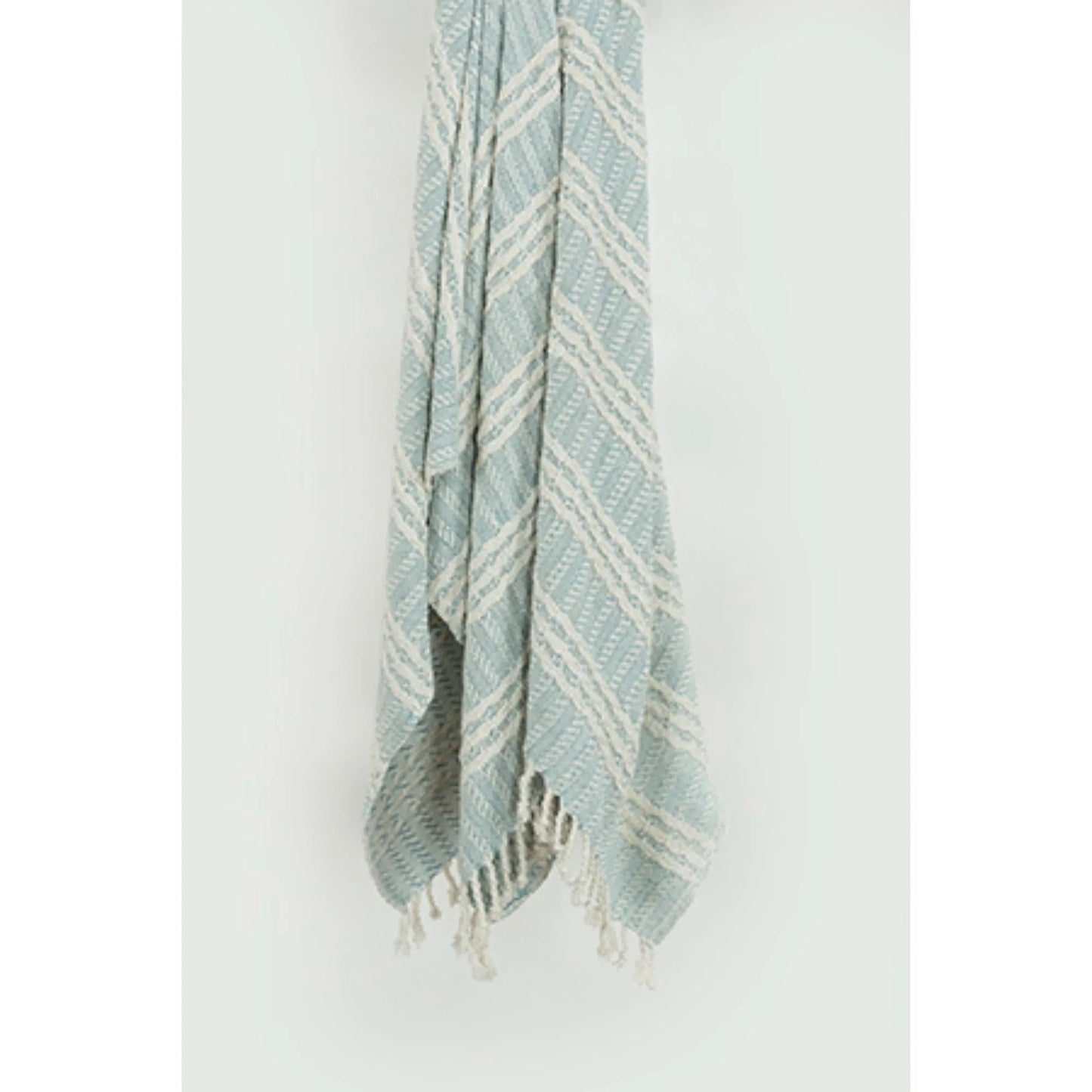 50" X 60" Light Blue And Ivory Striped Cotton Throw Blanket with Fringe