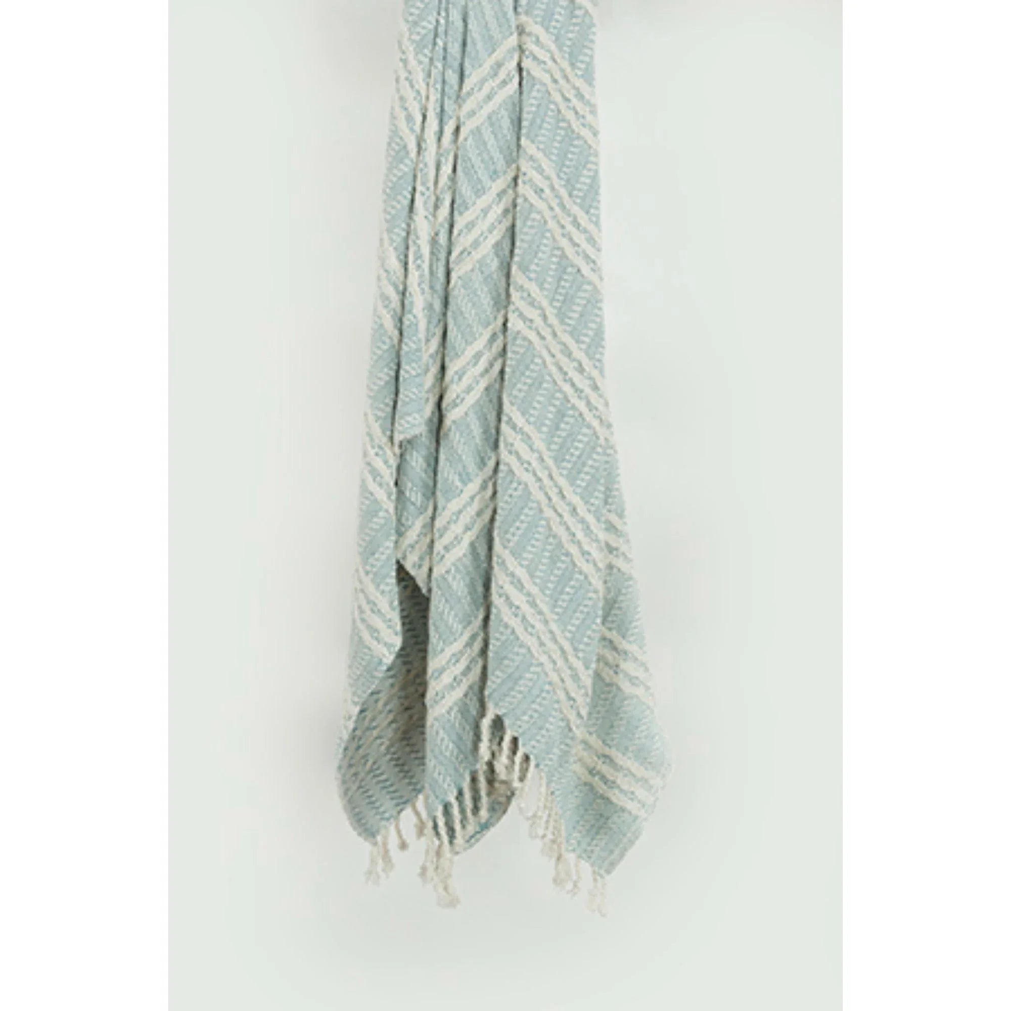 50" X 60" Light Blue And Ivory Striped Cotton Throw Blanket with Fringe
