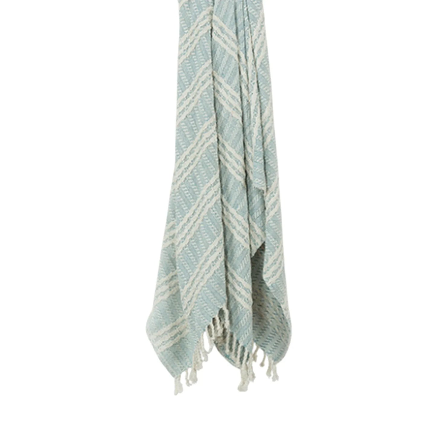 50" X 60" Light Blue And Ivory Striped Cotton Throw Blanket with Fringe
