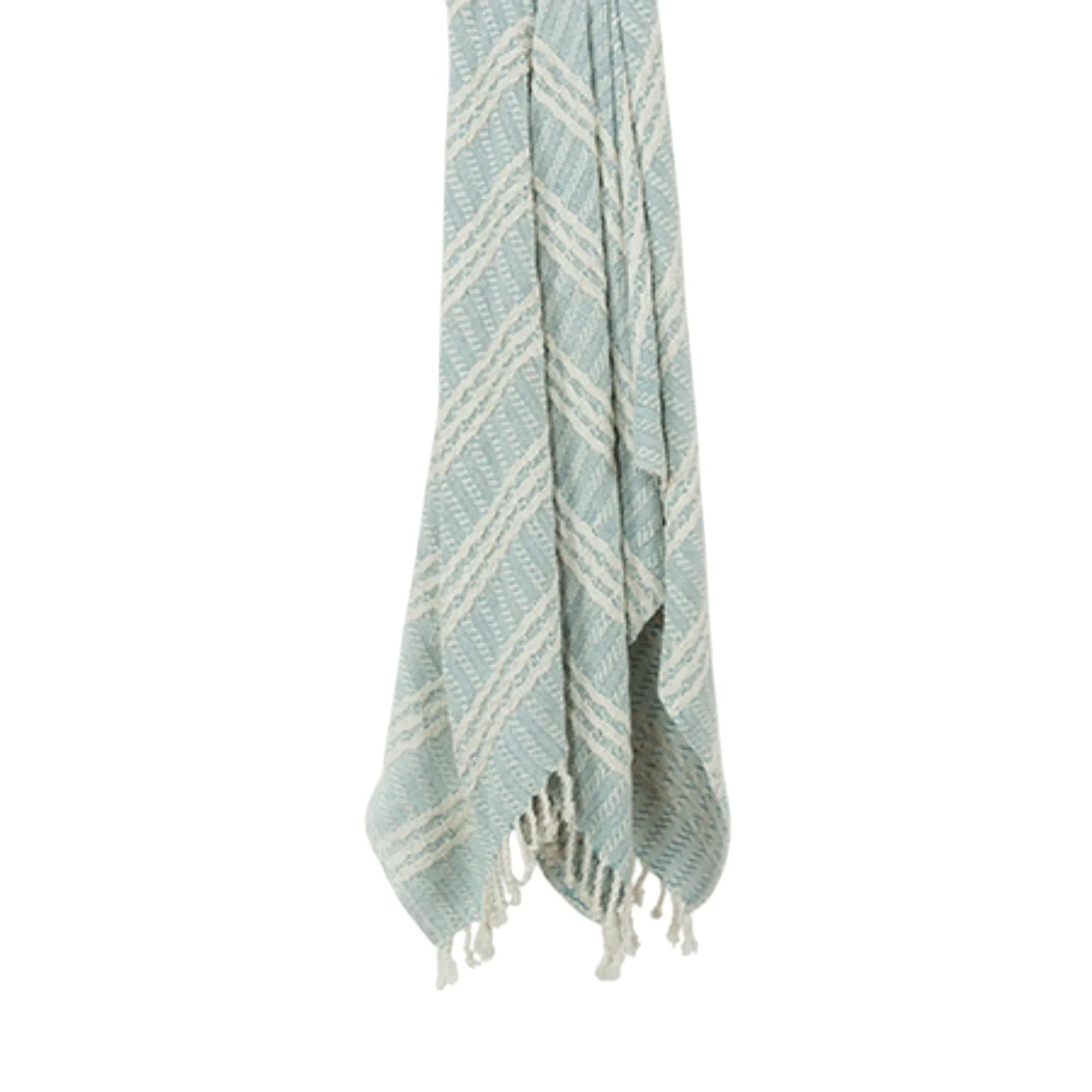 50" X 60" Light Blue And Ivory Striped Cotton Throw Blanket with Fringe