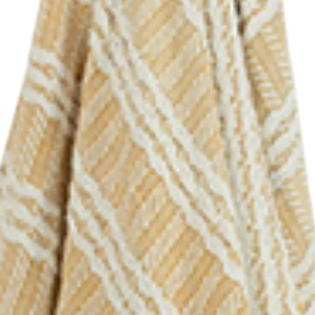 50" X 60" Gold And Ivory Striped Cotton Throw Blanket with Fringe