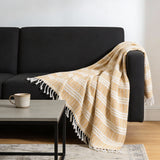 50" X 60" Gold And Ivory Striped Cotton Throw Blanket with Fringe