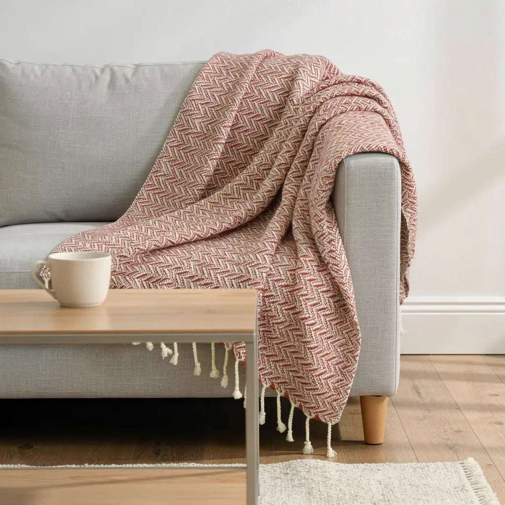 50" X 60" Red Cotton Woven Chevron Throw Blanket with Fringe - Homeroots - Flyclothing LLC