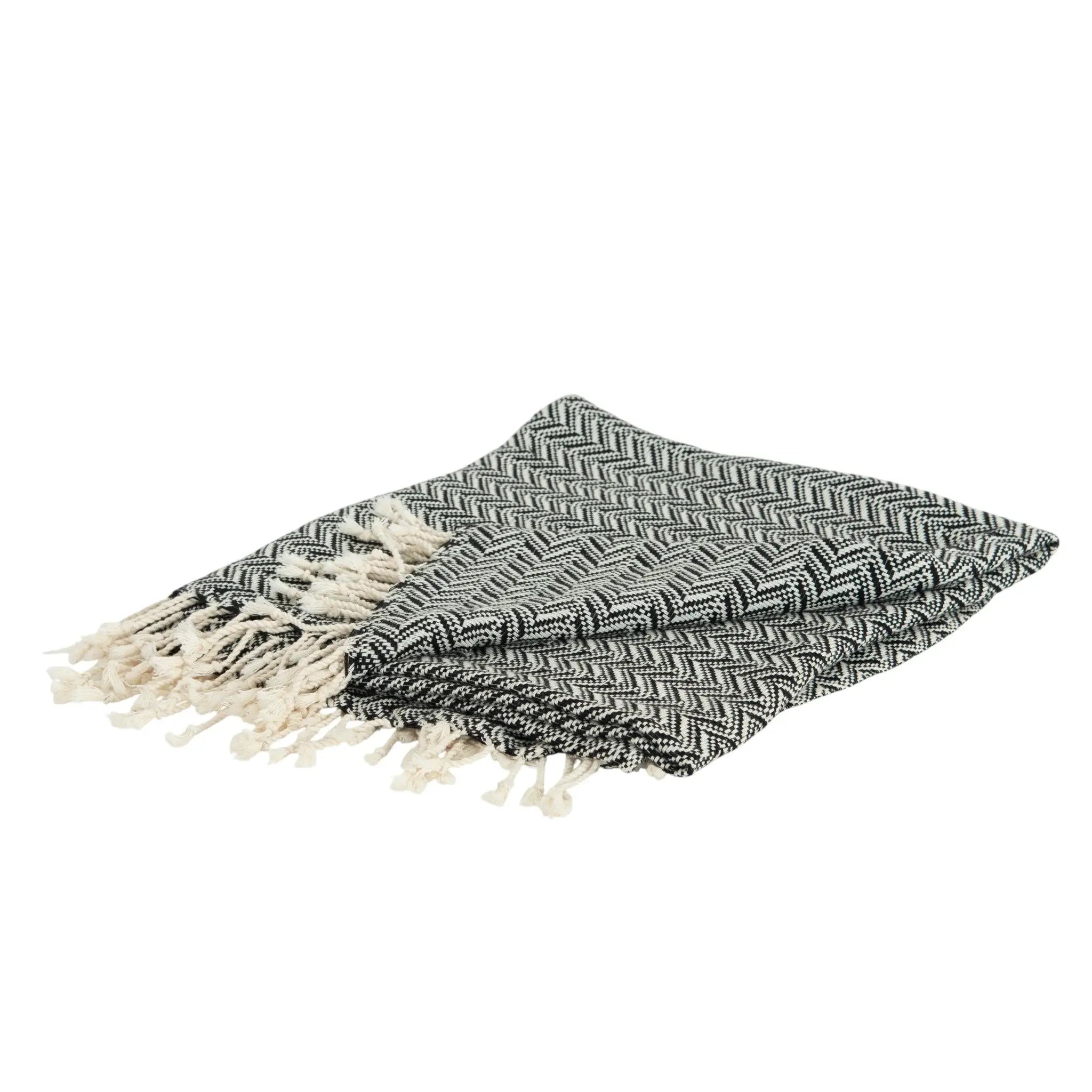 50" X 60" Black And Ivory Chevron Cotton Throw Blanket with Fringe - Homeroots - Flyclothing LLC