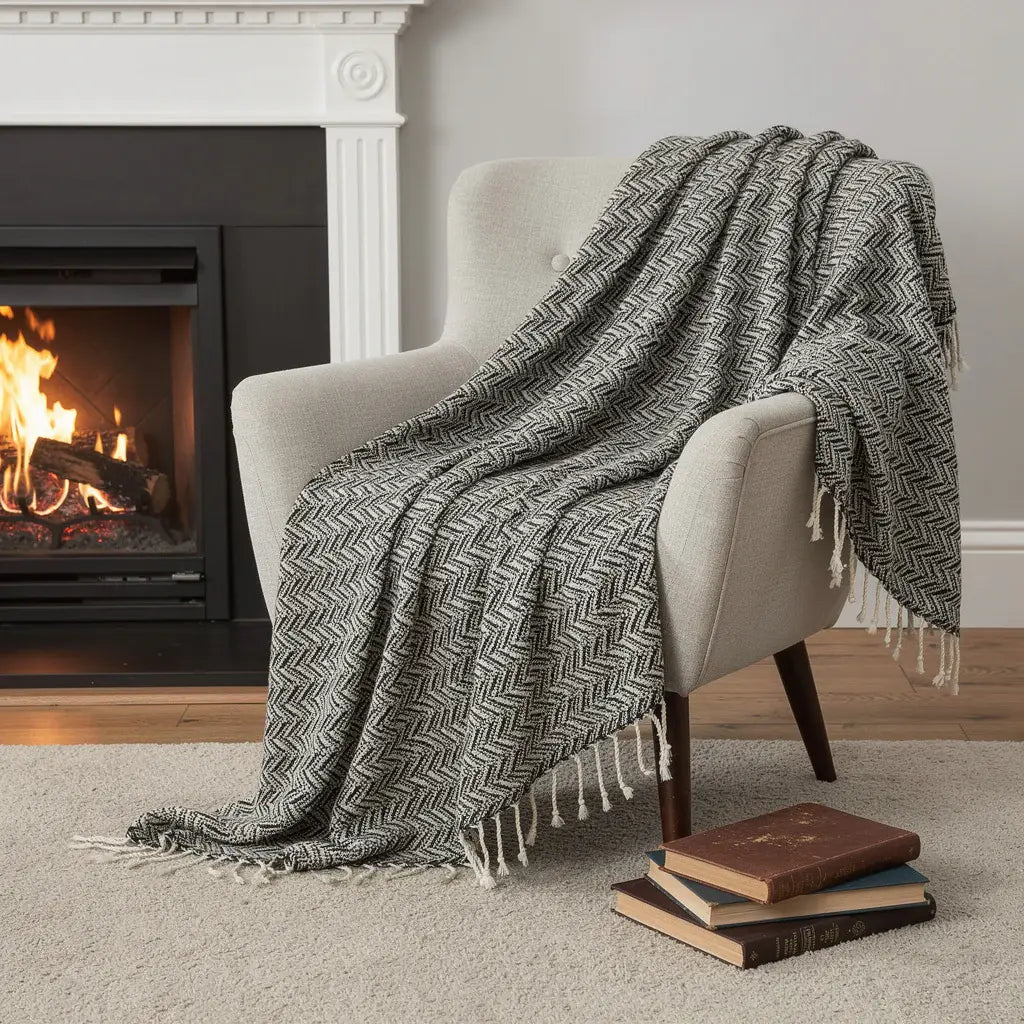 50" X 60" Black And Ivory Chevron Cotton Throw Blanket with Fringe - Homeroots - Flyclothing LLC