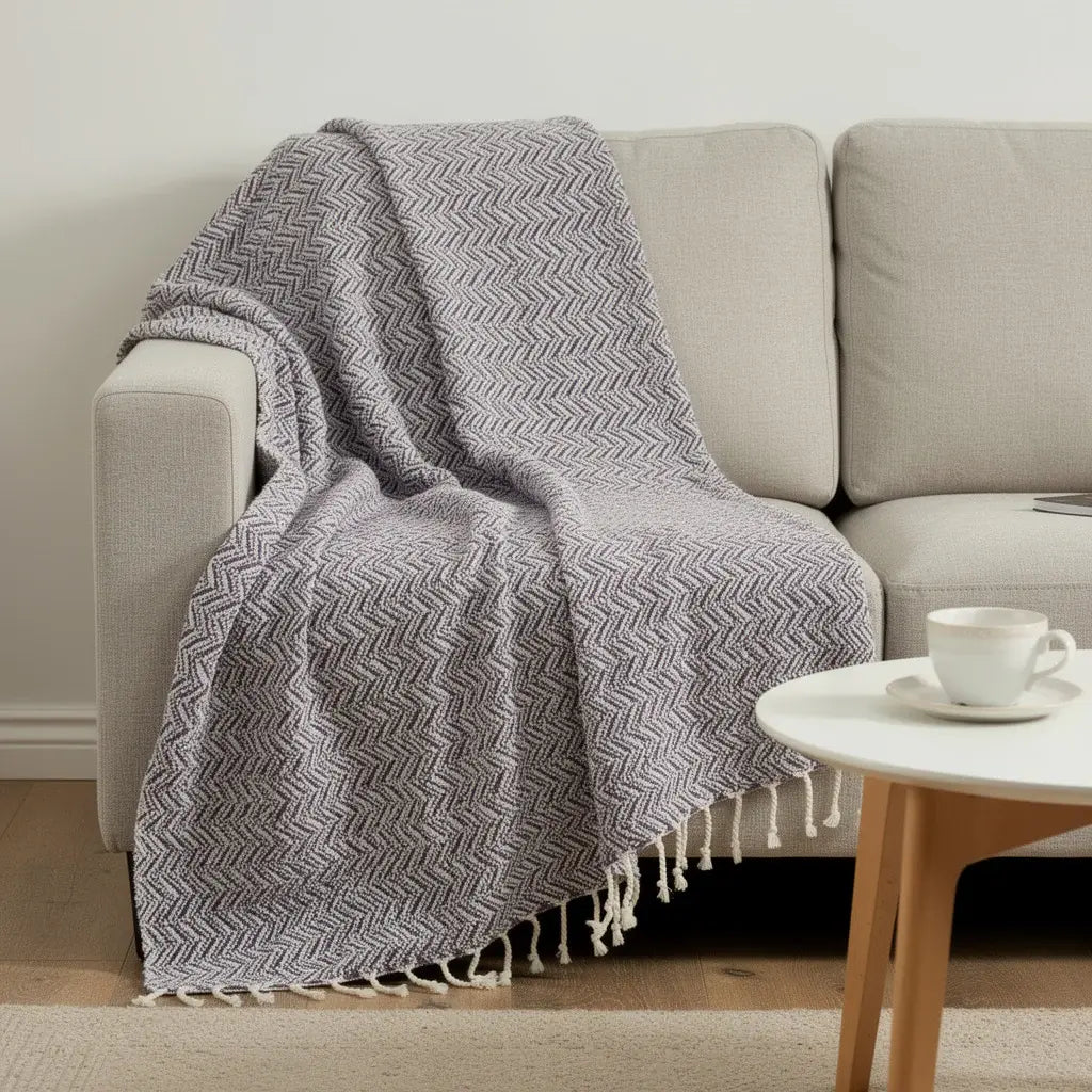 50" X 60" Purple Cotton Woven Chevron Throw Blanket with Fringe - Homeroots - Flyclothing LLC