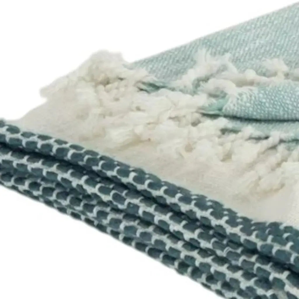 50" X 60" Teal Blue And Ivory Color Block Cotton Throw Blanket with Fringe - Homeroots - Flyclothing LLC