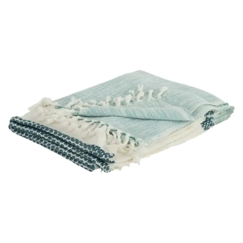 50" X 60" Teal Blue And Ivory Color Block Cotton Throw Blanket with Fringe - Homeroots - Flyclothing LLC