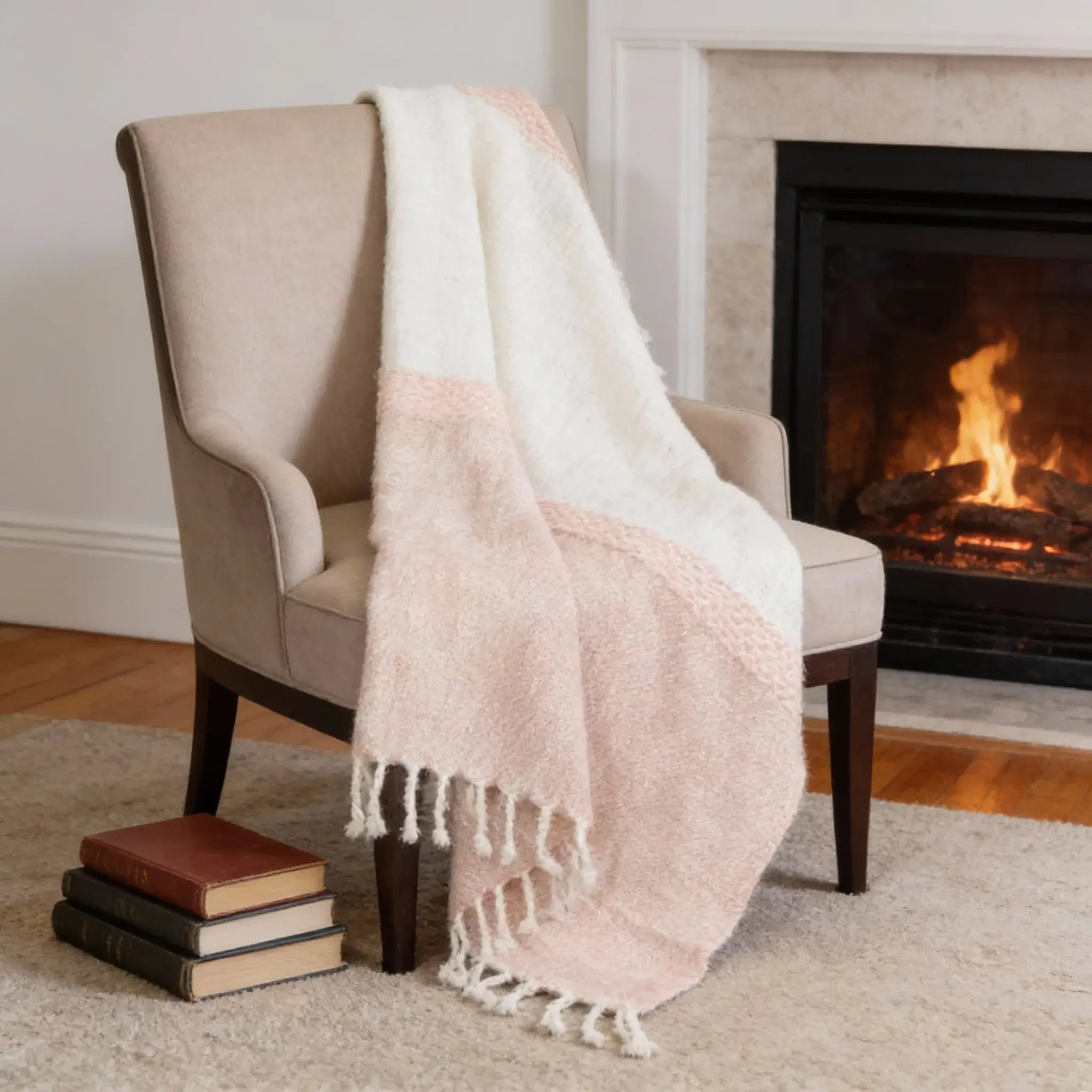 50" X 60" Blush Cotton Woven Color Block Throw Blanket with Fringe - Homeroots - Flyclothing LLC