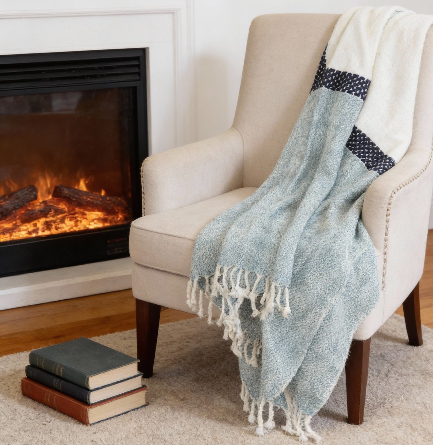 50" X 60" Blue And Ivory Cotton Woven Color Block Throw Blanket with Fringe