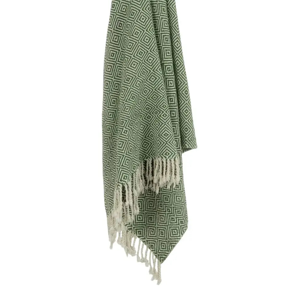 50" X 60" Green Cotton Woven Geometric Throw Blanket with Fringe - Homeroots - Flyclothing LLC