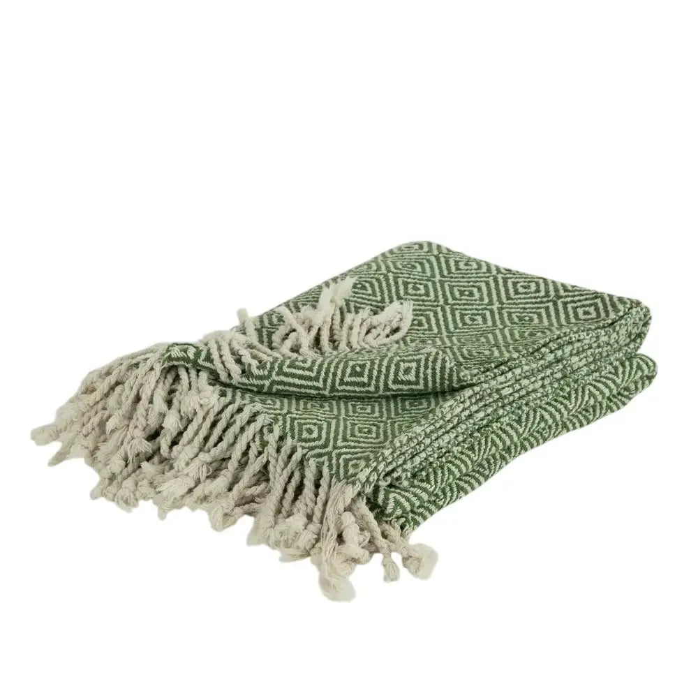 50" X 60" Green Cotton Woven Geometric Throw Blanket with Fringe - Homeroots - Flyclothing LLC
