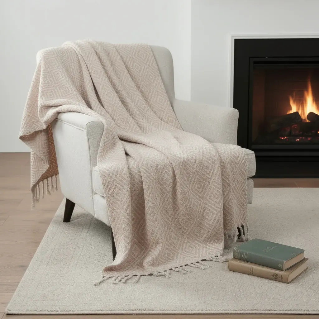 50" X 60" Blush Cotton Woven Geometric Throw Blanket with Fringe - Homeroots - Flyclothing LLC