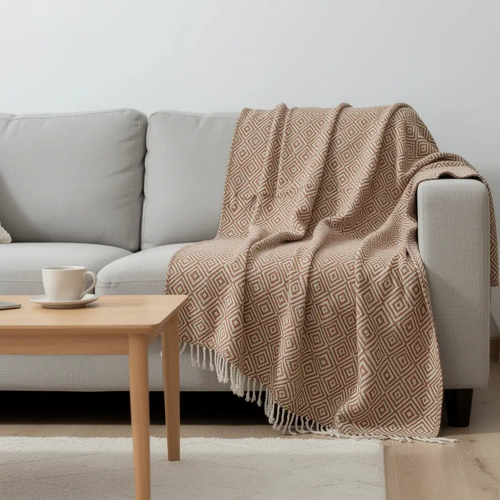 50" X 60" Brown Cotton Woven Geometric Throw Blanket with Fringe - Homeroots - Flyclothing LLC