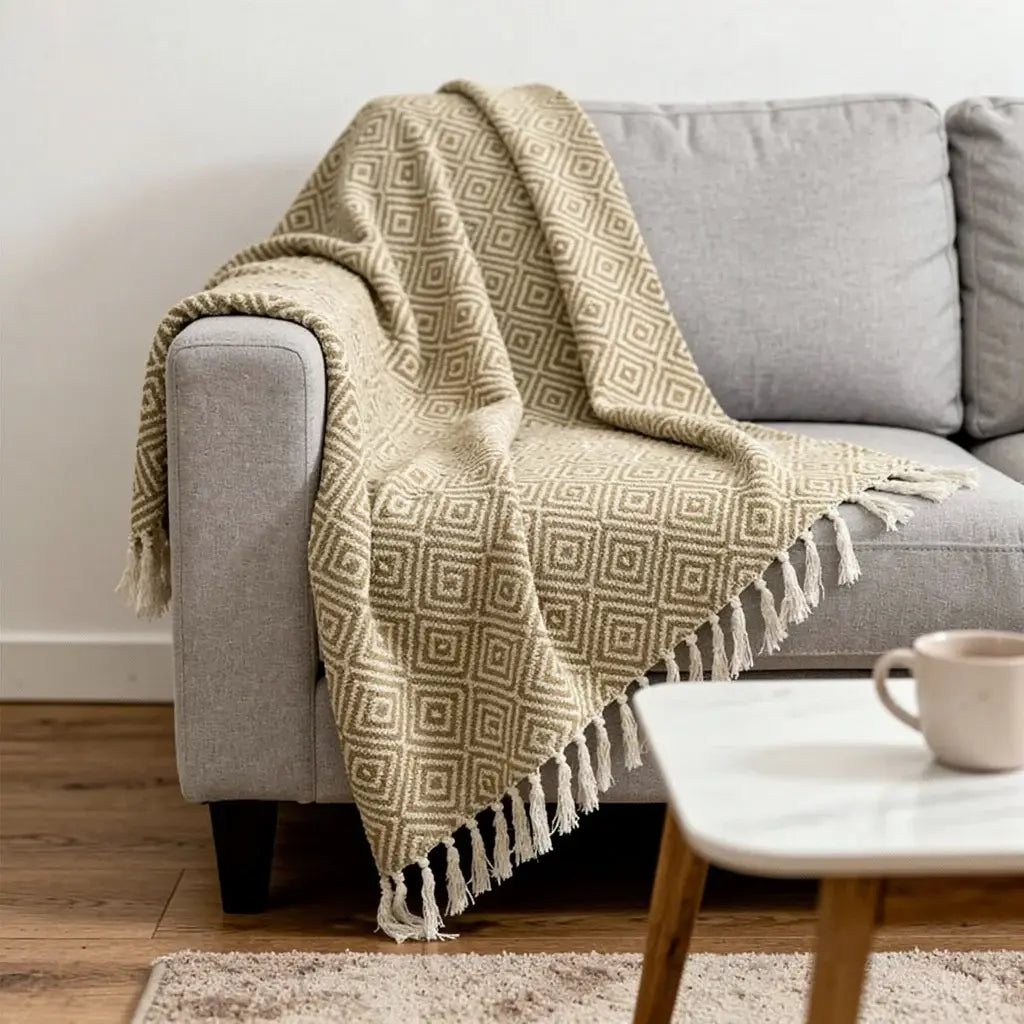 50" X 60" Natural Cotton Woven Geometric Throw Blanket with Fringe - Homeroots - Flyclothing LLC
