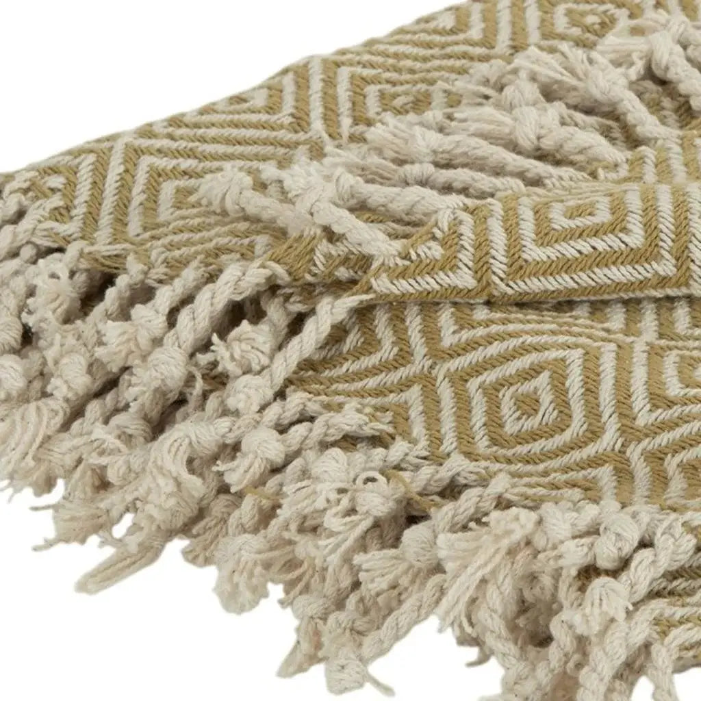 50" X 60" Natural Cotton Woven Geometric Throw Blanket with Fringe - Homeroots - Flyclothing LLC