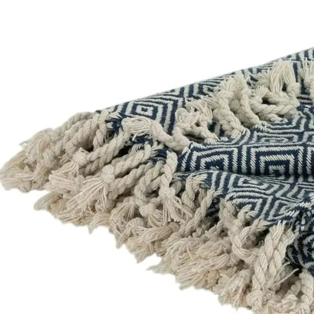 50" X 60" Navy Blue Cotton Woven Geometric Throw Blanket with Fringe - Homeroots - Flyclothing LLC