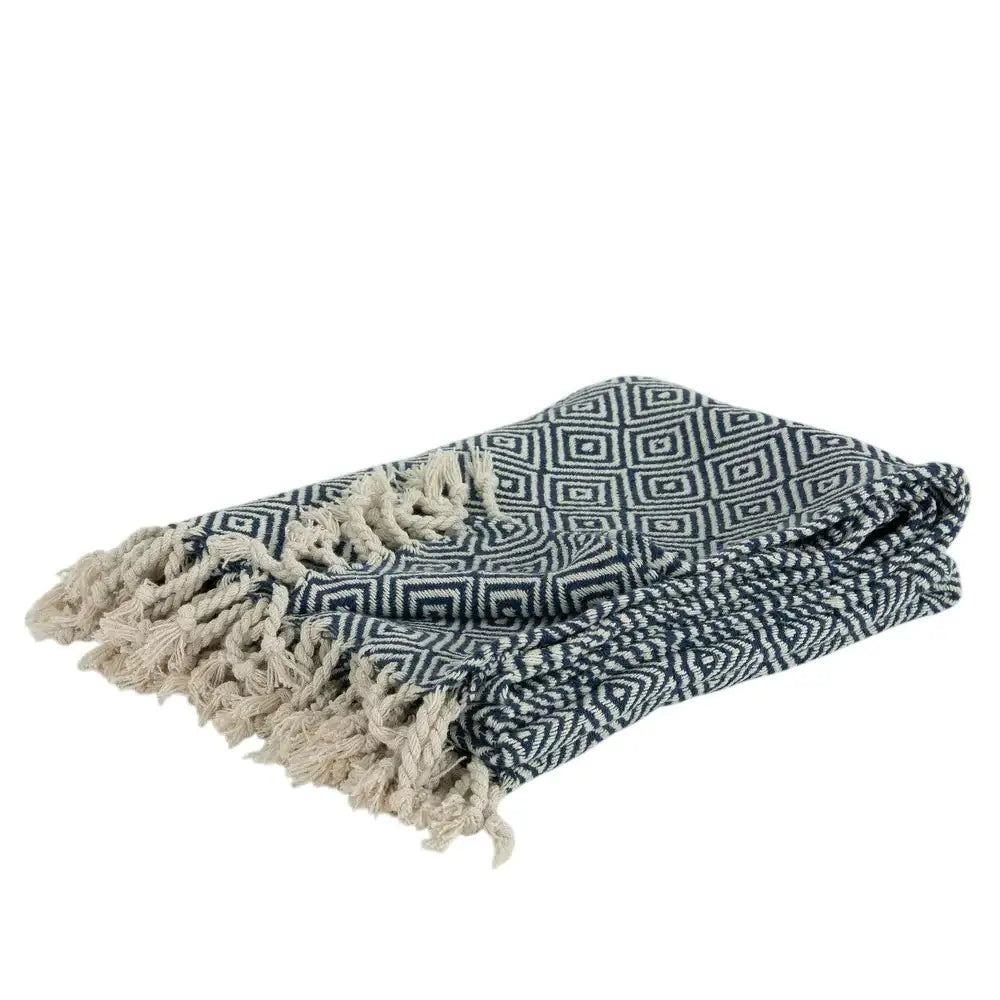 50" X 60" Navy Blue Cotton Woven Geometric Throw Blanket with Fringe - Homeroots - Flyclothing LLC