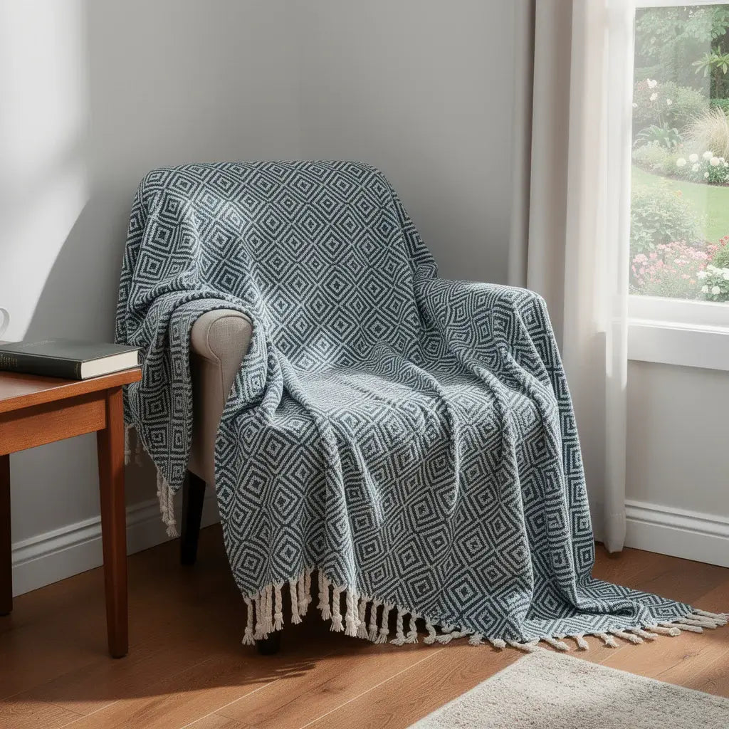 50" X 60" Navy Blue Cotton Woven Geometric Throw Blanket with Fringe - Homeroots - Flyclothing LLC