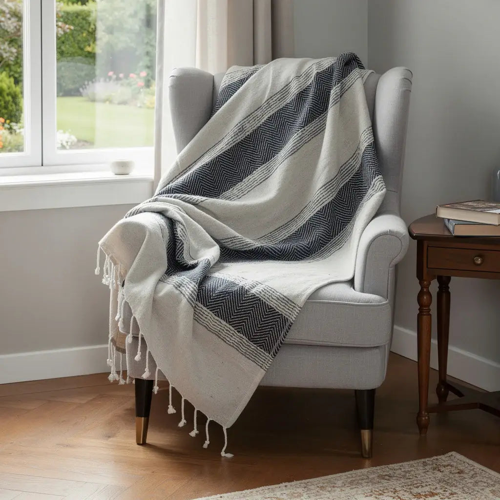 50" X 60" Blue And Ivory Cotton Woven Striped Throw Blanket with Fringe - Homeroots - Flyclothing LLC