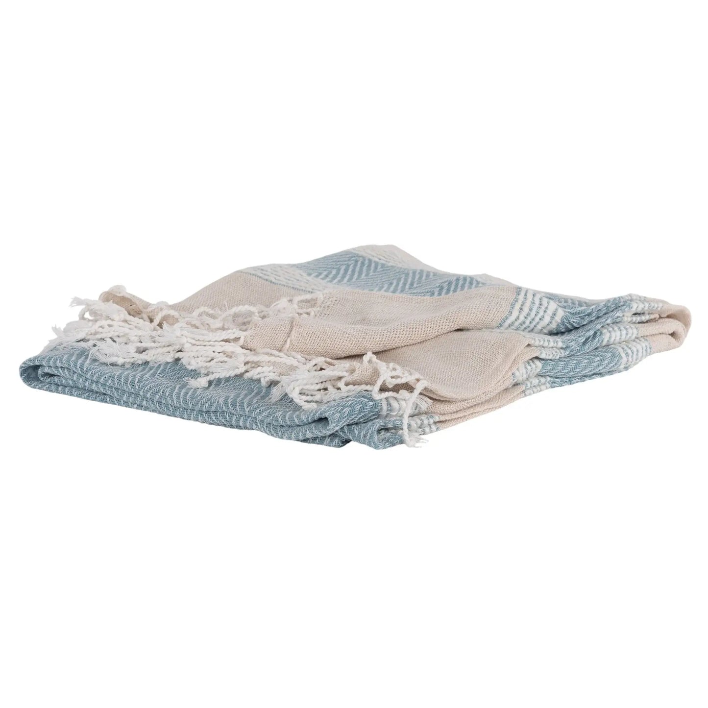 50" X 60" Aqua Cotton Woven Striped Throw Blanket with Fringe - Homeroots - Flyclothing LLC