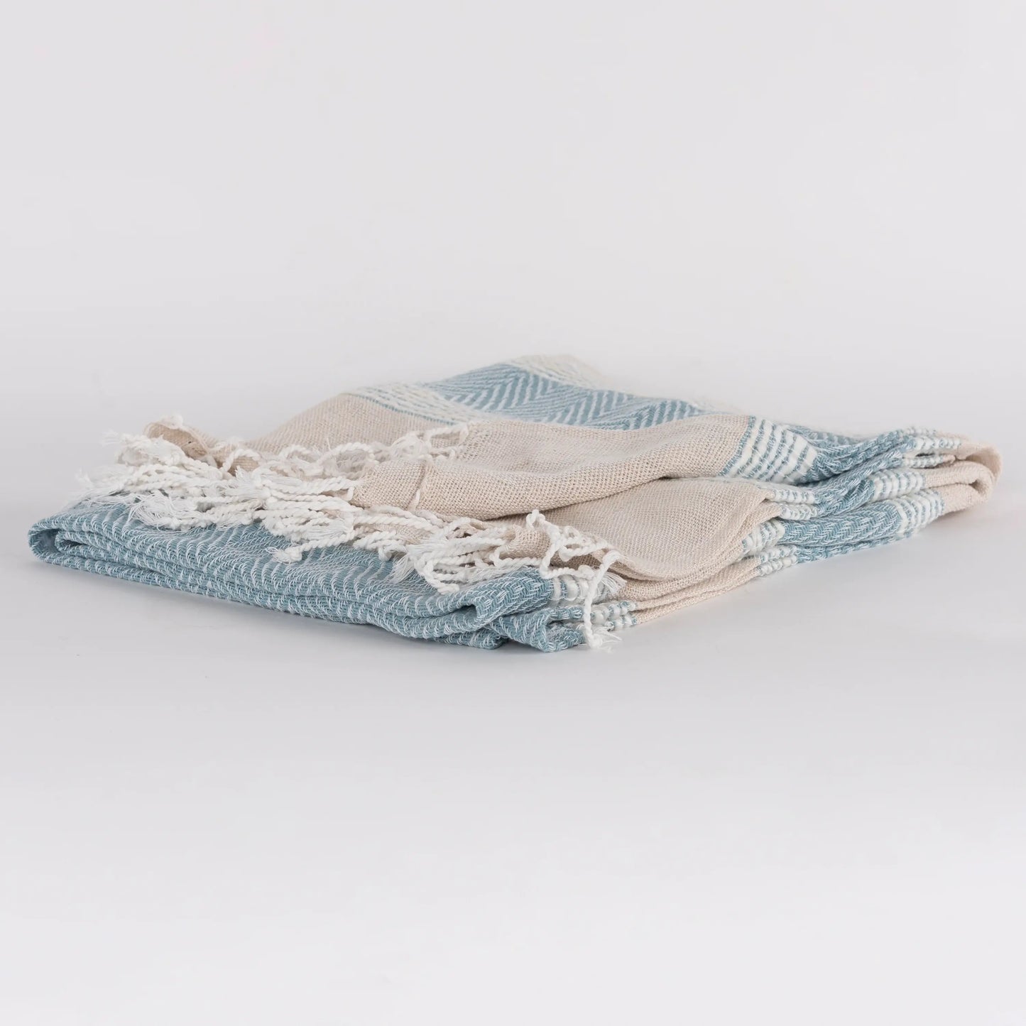 50" X 60" Aqua Cotton Woven Striped Throw Blanket with Fringe - Homeroots - Flyclothing LLC