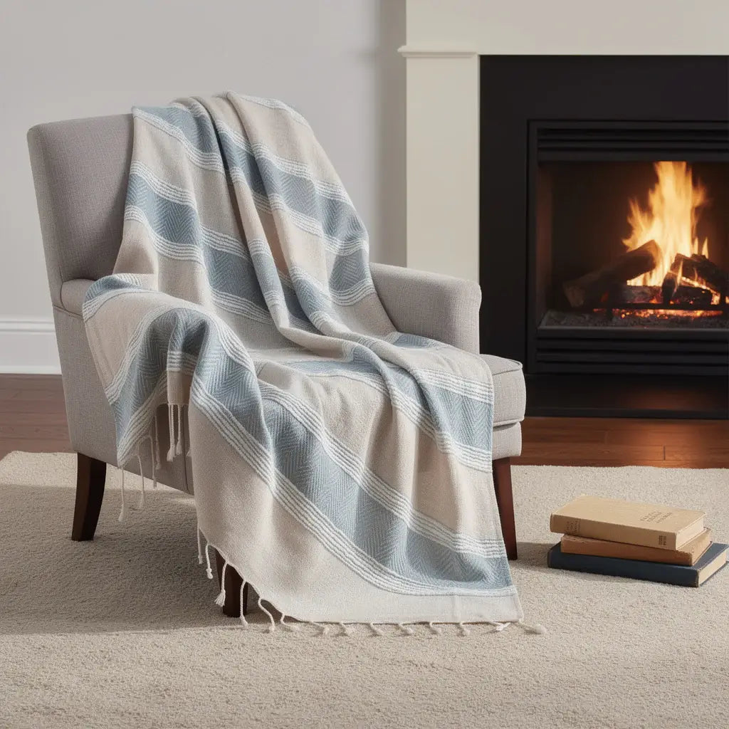 50" X 60" Aqua Cotton Woven Striped Throw Blanket with Fringe - Homeroots - Flyclothing LLC