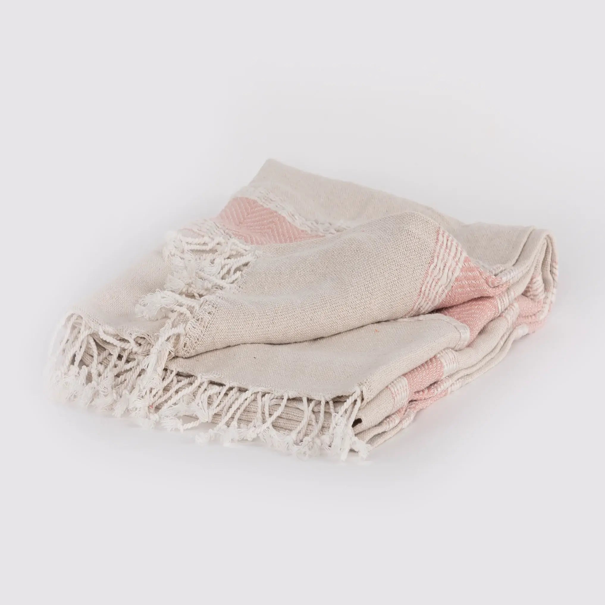 50" X 60" Beige And Pink Cotton Woven Striped Throw Blanket with Fringe - Homeroots - Flyclothing LLC