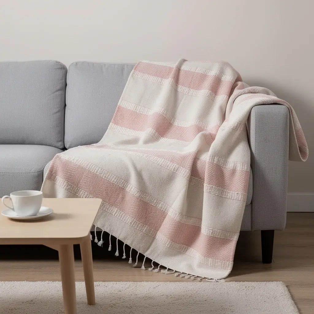 50" X 60" Beige And Pink Cotton Woven Striped Throw Blanket with Fringe - Homeroots - Flyclothing LLC