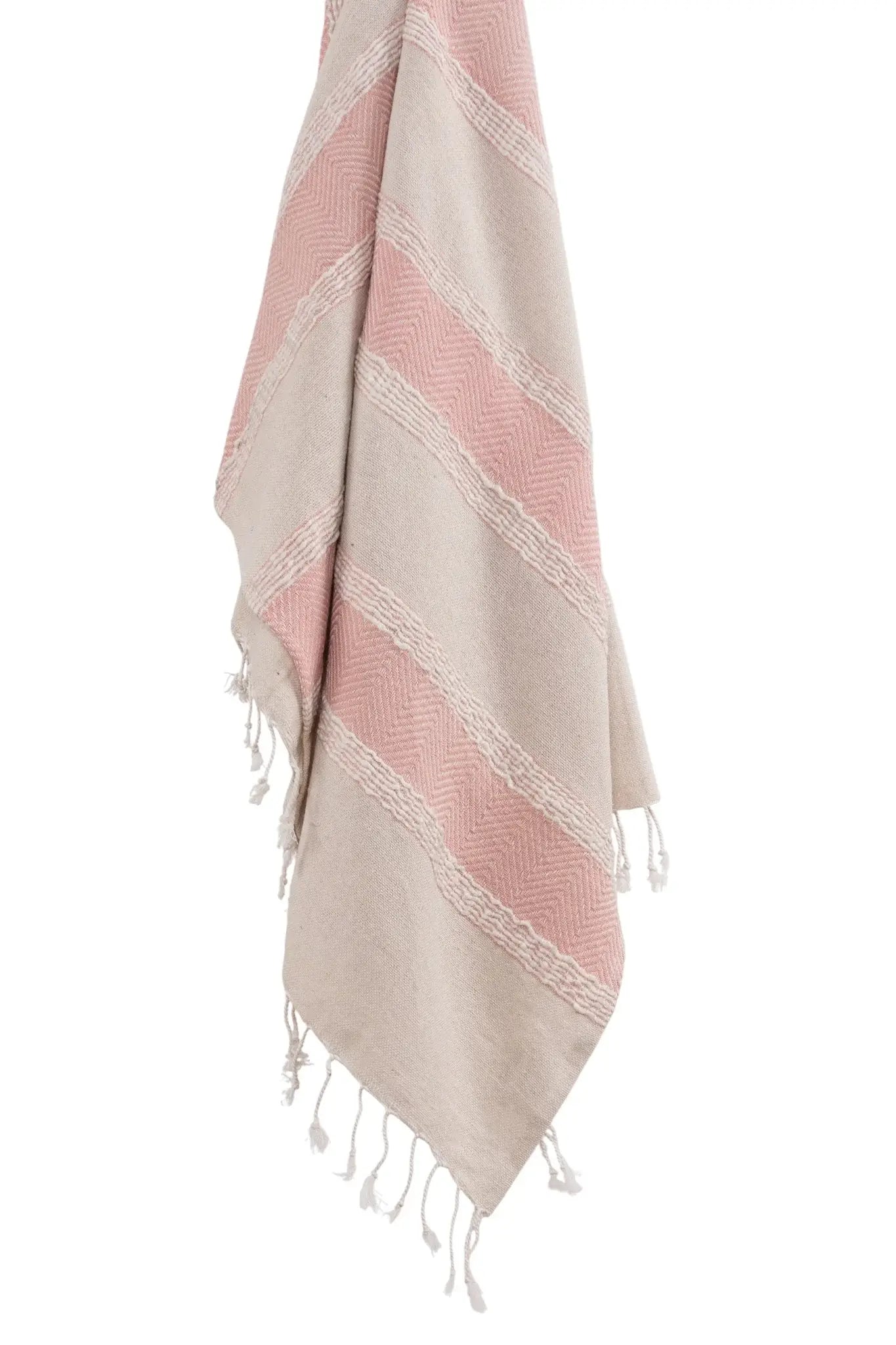 50" X 60" Beige And Pink Cotton Woven Striped Throw Blanket with Fringe - Homeroots - Flyclothing LLC