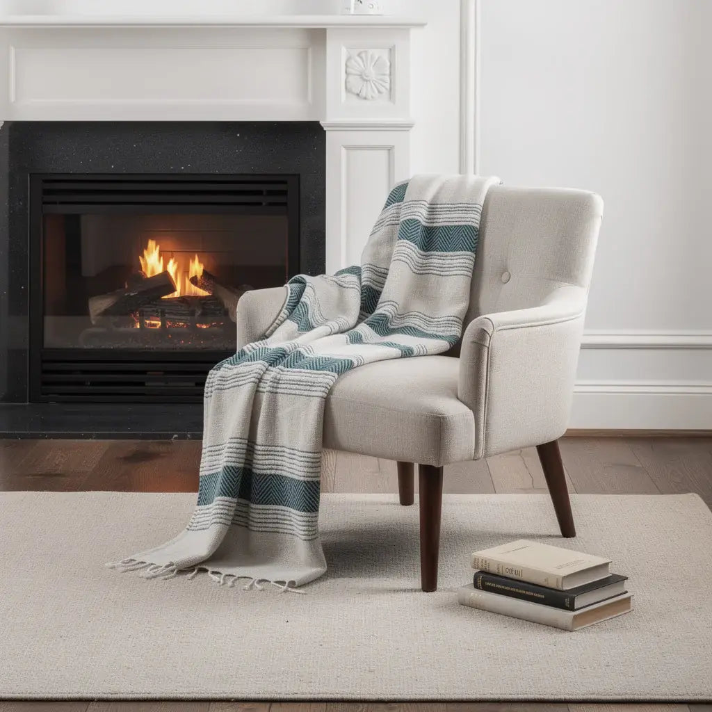 50" X 60" Teal And Blue Cotton Woven Striped Throw Blanket with Fringe - Homeroots - Flyclothing LLC