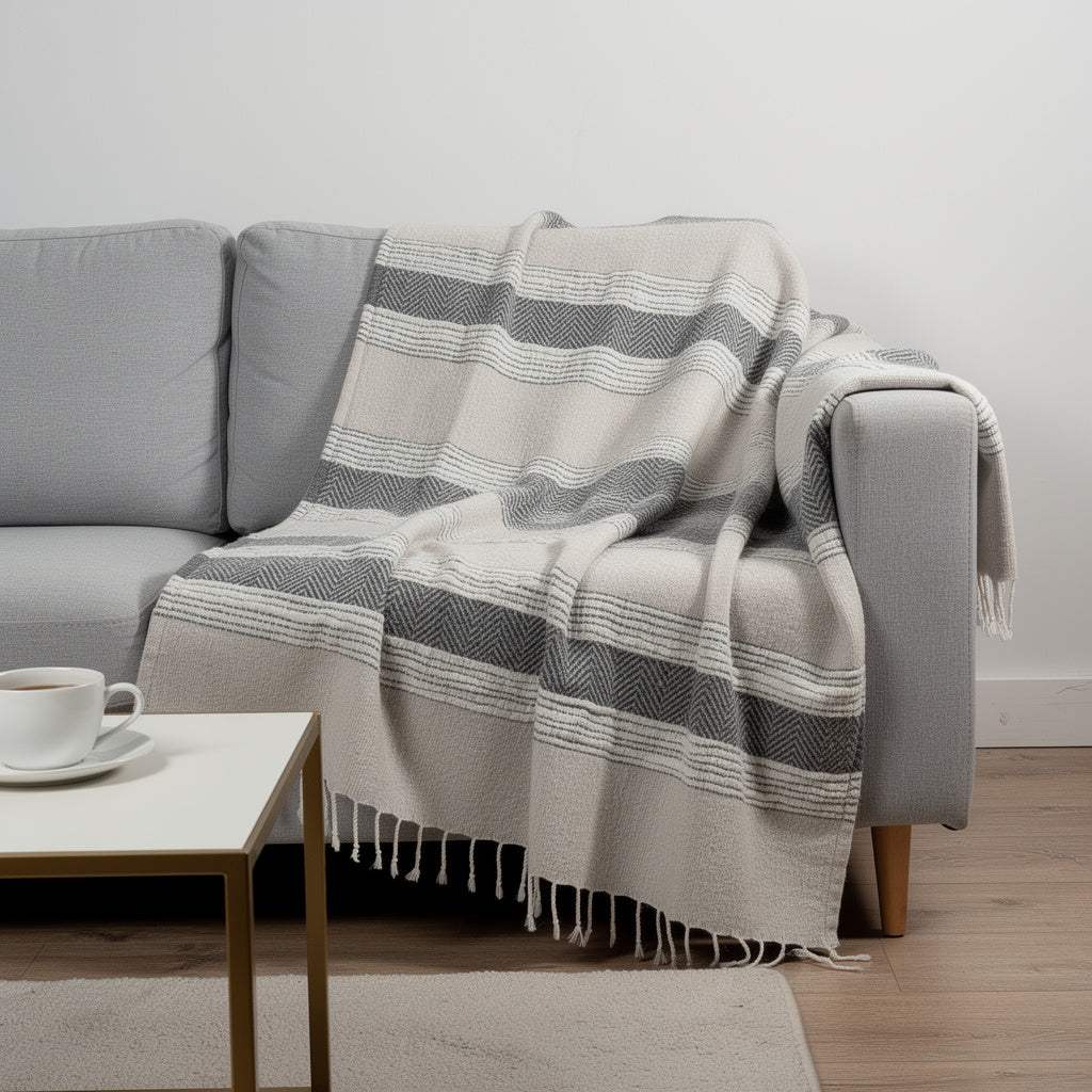 50" X 60" Gray Cotton Woven Striped Throw Blanket with Fringe - Homeroots - Flyclothing LLC